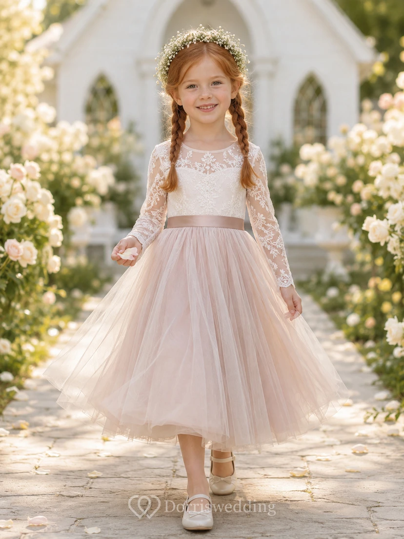 Blush Flower Girl Dress Tea-Length Lace Tulle A-Line Illusion Jewel Long Sleeve Button Back Satin Bow