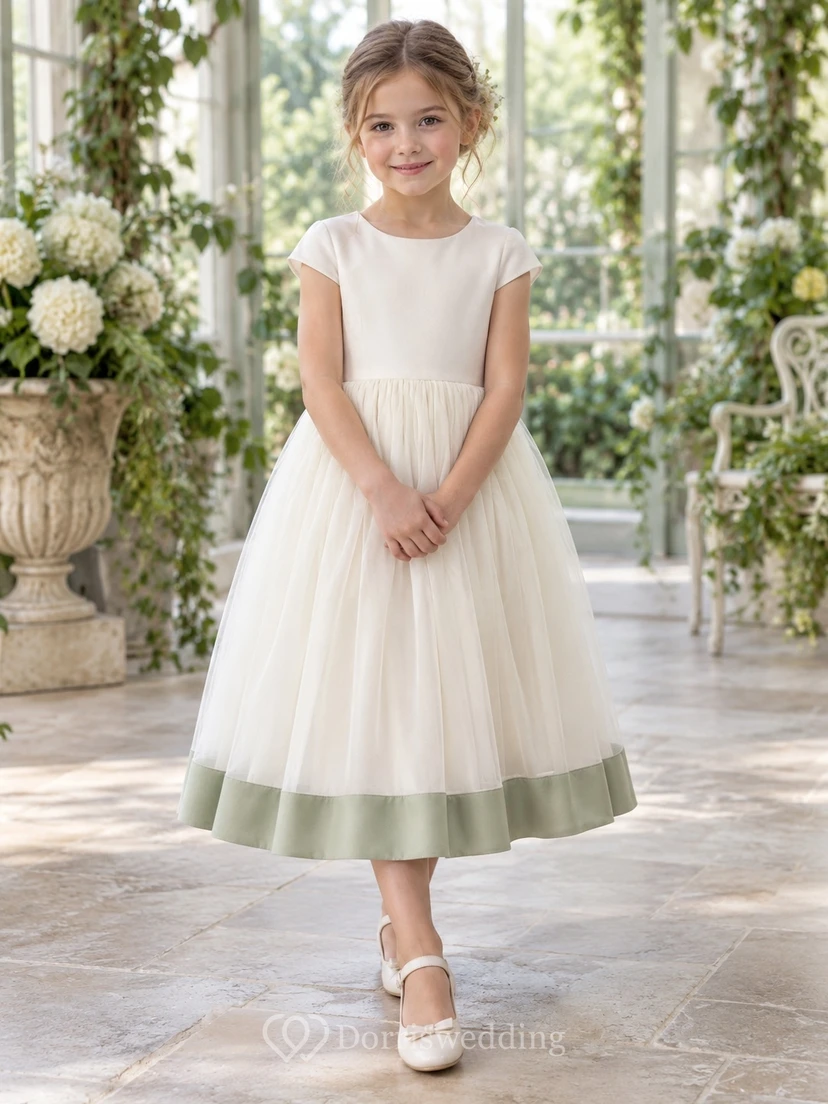 Simple Modest Tea-length Ivory Jewel Short Cap-sleeve Tulle Sage-hem Zipper-back Flower Girl Dress