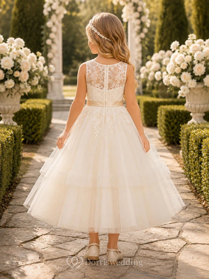Blumenmädchenkleid Champagner Spitze Tüll A-Linie Rundhalsausschnitt Teelänge view 2