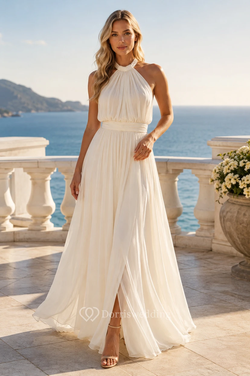 Weißes Chiffon-Brautkleid in A-Linie, ärmellos, mit Neckholder und Schlitz, bodenlang