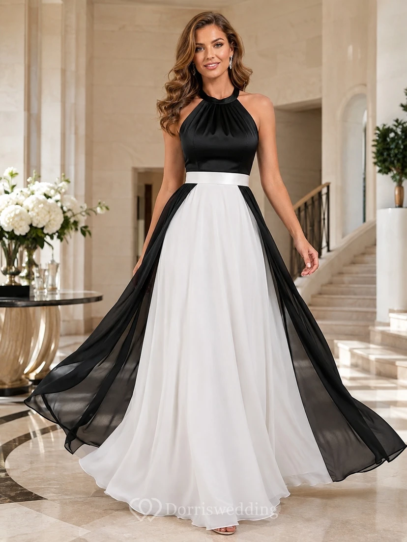 Vestido de noche formal largo hasta el suelo, negro y blanco, con escote halter.