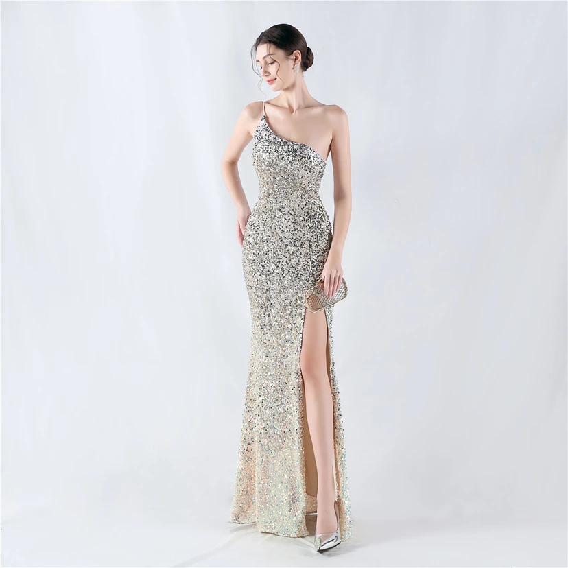 Sexy Abendkleid mit Samtsaum, Farbverlauf, Pailletten, hohem Schlitz und schräger Schulterpartie view 35