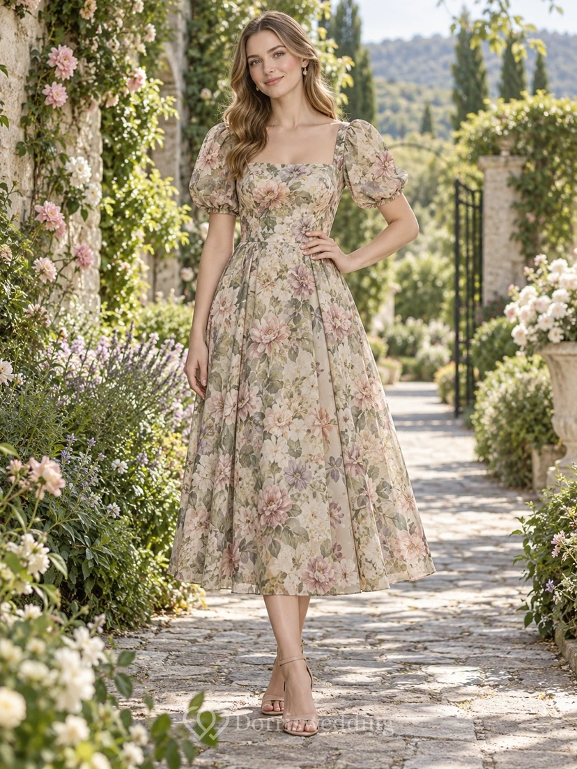 Vestido de gasa de largo midi con cuello cuadrado y mangas abullonadas, estampado floral silvestre en tono topo apagado.