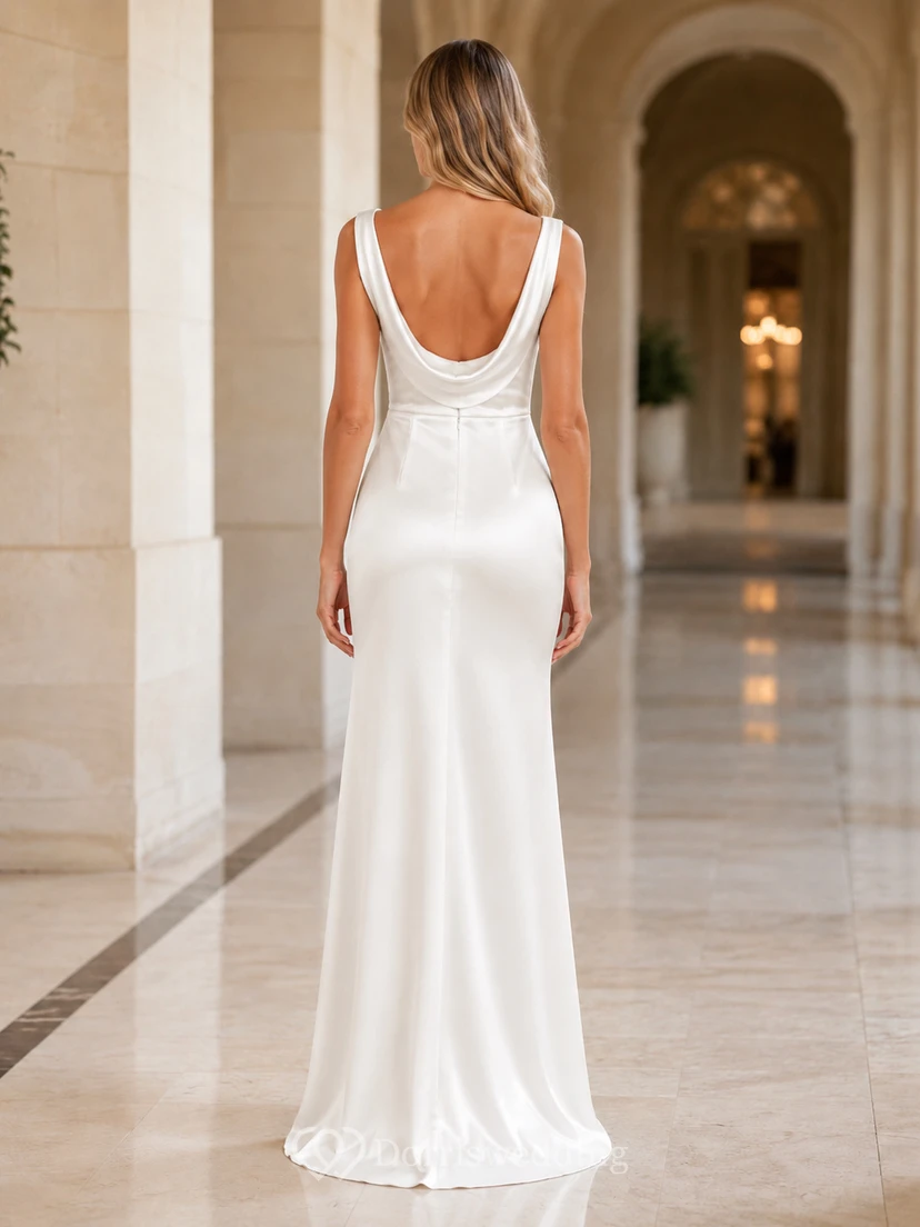Vestido de noche largo hasta el suelo, sexy, blanco, de satén, con escote drapeado, tirantes anchos y abertura lateral. view 2