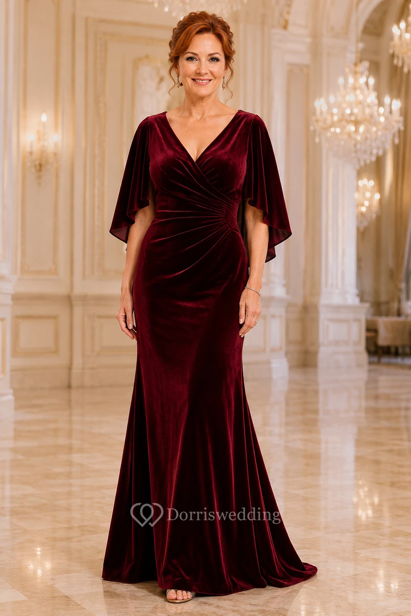 Burgunderfarbenes Samtkleid im Meerjungfrauenstil mit V-Ausschnitt und flatternden Ärmeln