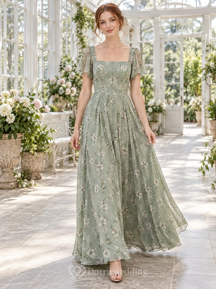 Vestido de dama de honor de gasa con escote cuadrado, mangas abullonadas y corte en A, color verde salvia, estampado floral.