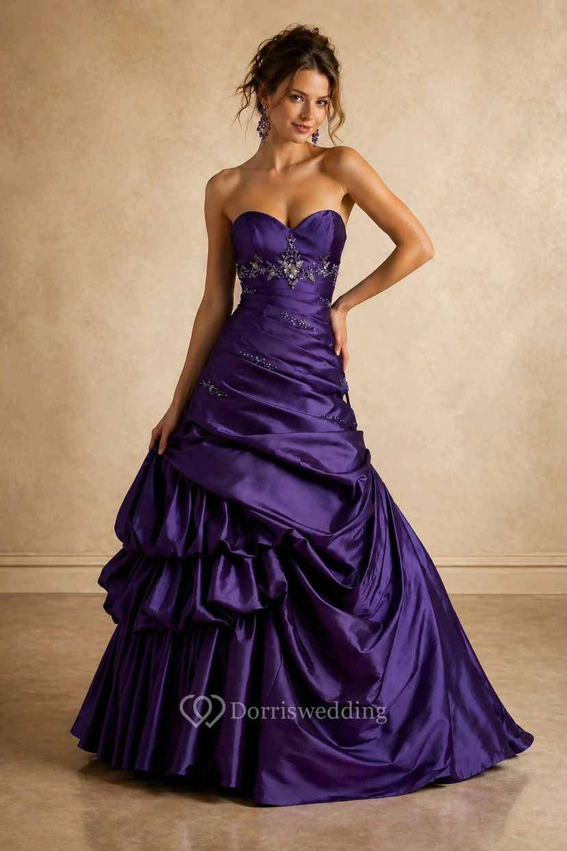 A-Line Long Sweetheart Sleeveless Satin Dress With Pick Up And Beading