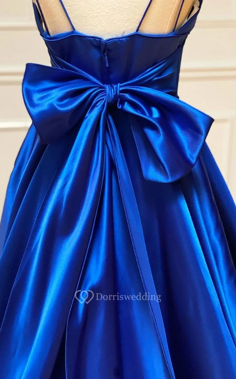 Romantisches, ärmelloses, bodenlanges A-Linien-Abendkleid mit Satinträgern und Schleife view 3