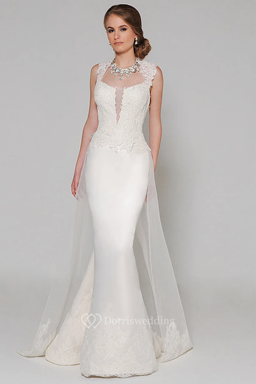 Mermaid High Neck Sleeveless Beaded Satin Wedding Dress With Keyhole