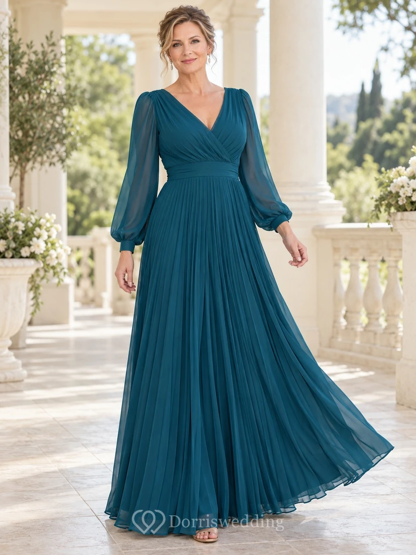 Teal Formal Floor-Length V-Neck Bishop-Sleeve Chiffon Pleated A-Line Evening Gown