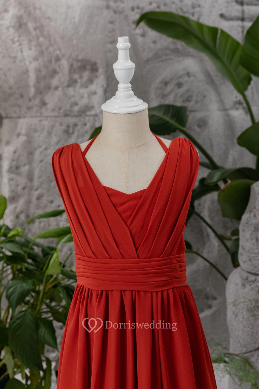 Red Halter Criss-cross Empire Chiffon Ruched Flowergirl Dress view 3