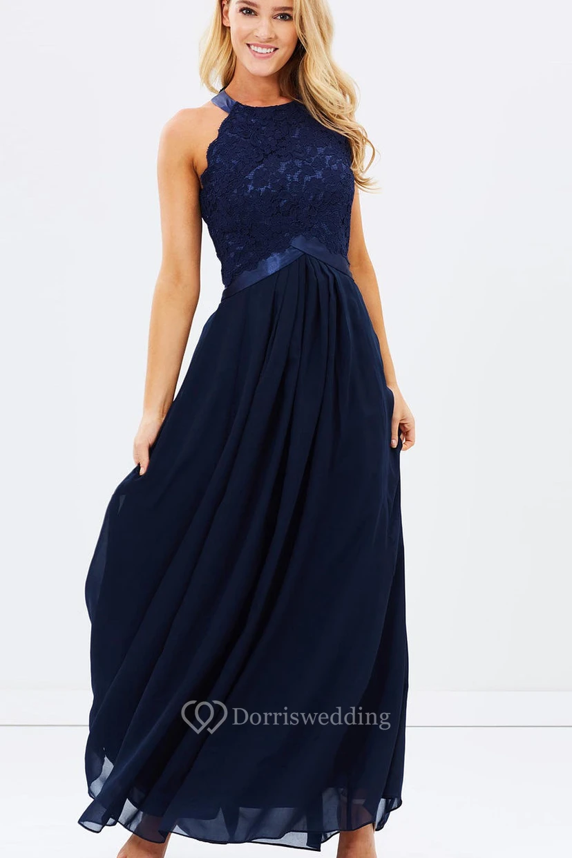 A-Line Appliqued Sleeveless Ankle-Length Scoop Chiffon Blue Bridesmaid Dress With Zipper Back And Pleats view 4