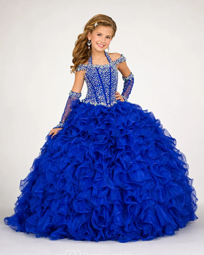 Ruffle Ball Gown Halter Corset Flower Girl Dress with Beading view 8