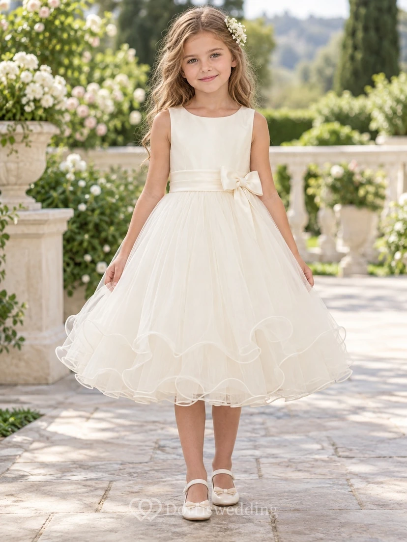 Tea-length Ivory Scoop Sleeveless Satin A-Line Gathered Tulle Curled Tiered Hem Sash Bow Flowergirl Dress