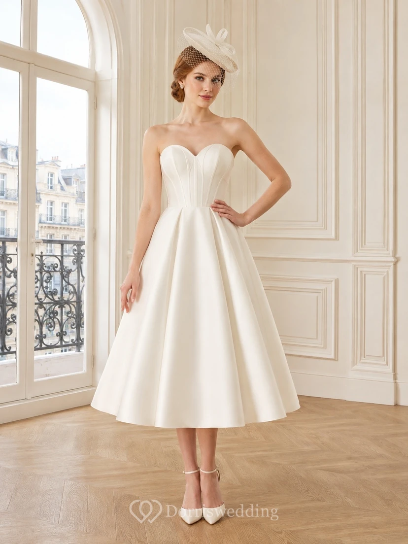 Vestido de novia de satén hasta la rodilla, corte en A, para ceremonia nupcial.