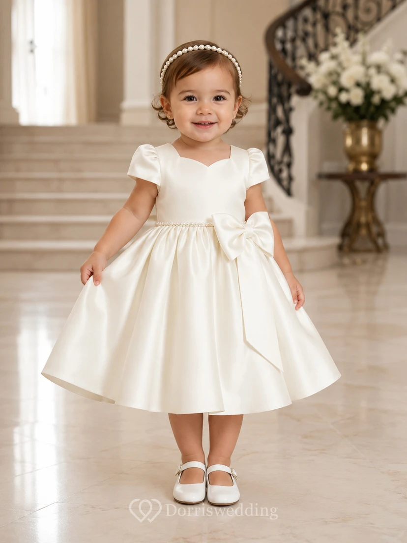 Baptism Dress Luxury Satin A-Line Jewel Neck Short Sleeve Pleated Skirt