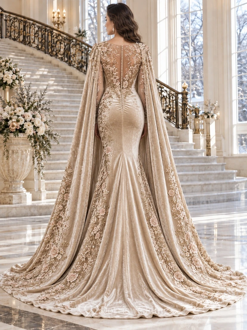 Vestido de novia romántico de terciopelo con capa floral color champán y mangas largas estilo sirena para invierno. view 2
