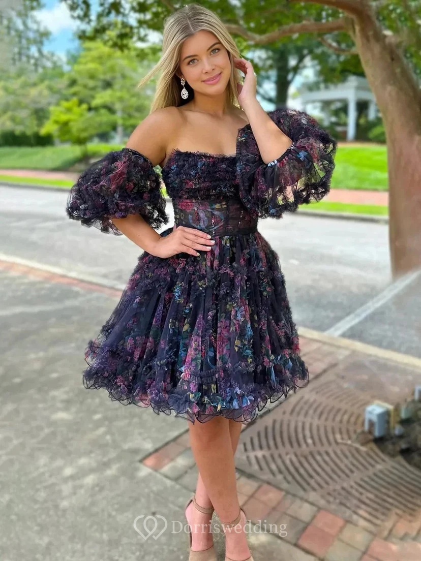 Blaues schulterfreies Rüschenkleid view 4