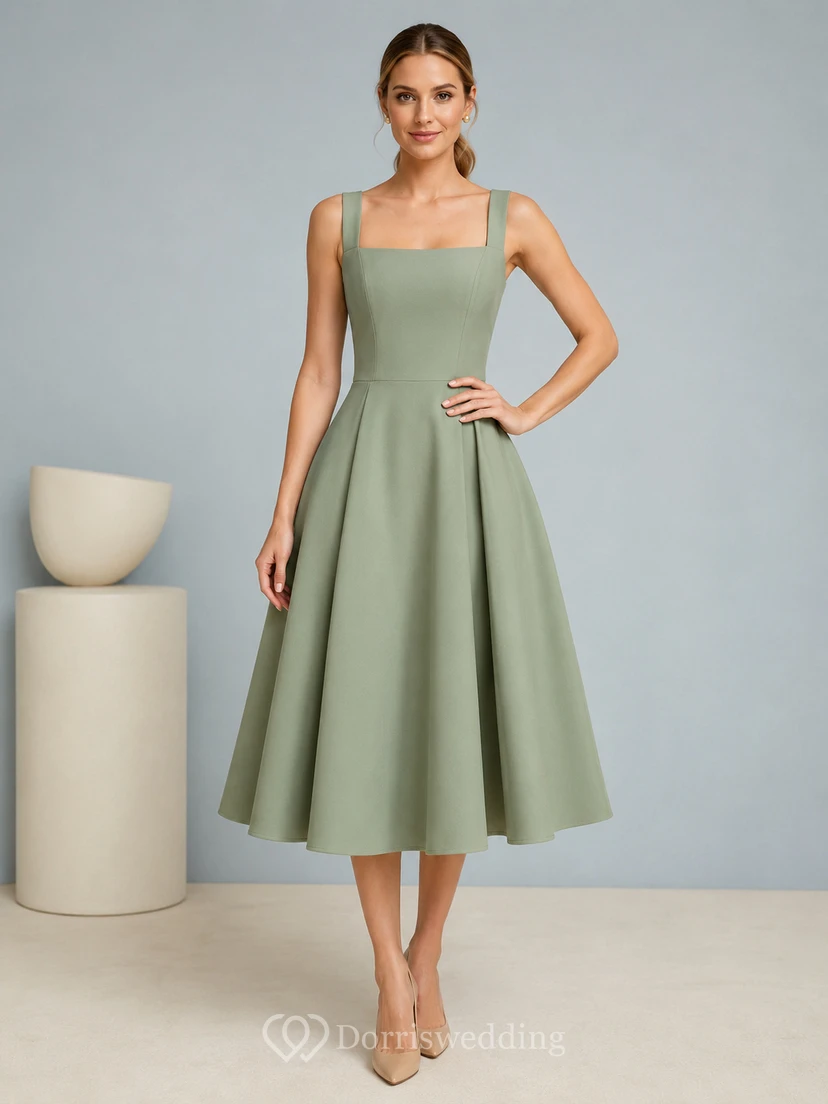 Tailored Midi Celadon A-Line Tea-Length Square Sleeveless Satin Simple Bridesmaid Dress