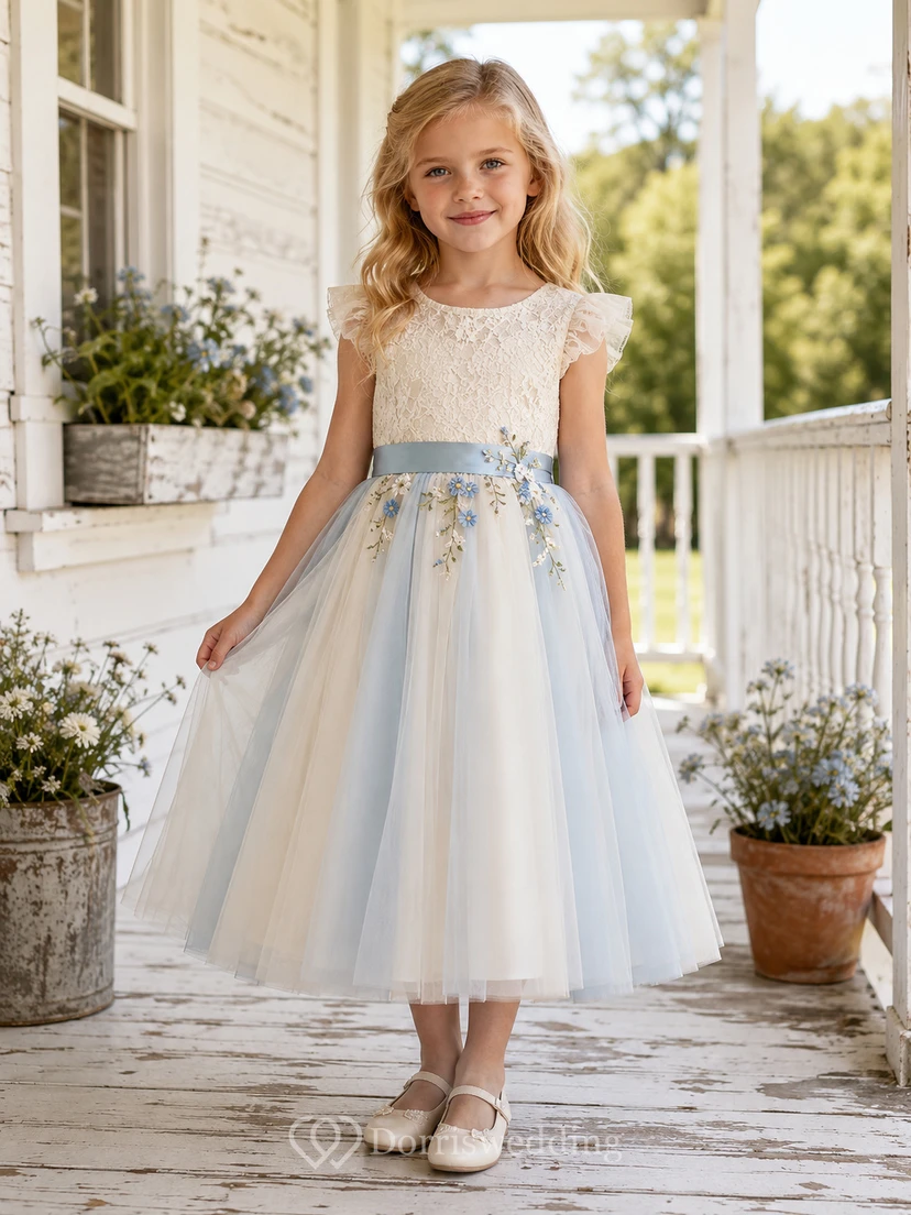 Mist Floral Embroidery Lace Flutter Sleeve Tulle Flower Girl Garden Tea-Length Dress
