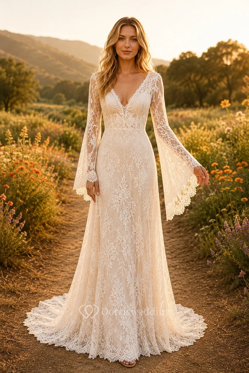 Robe de mariée bohème en dentelle à manches longues et manches cloche