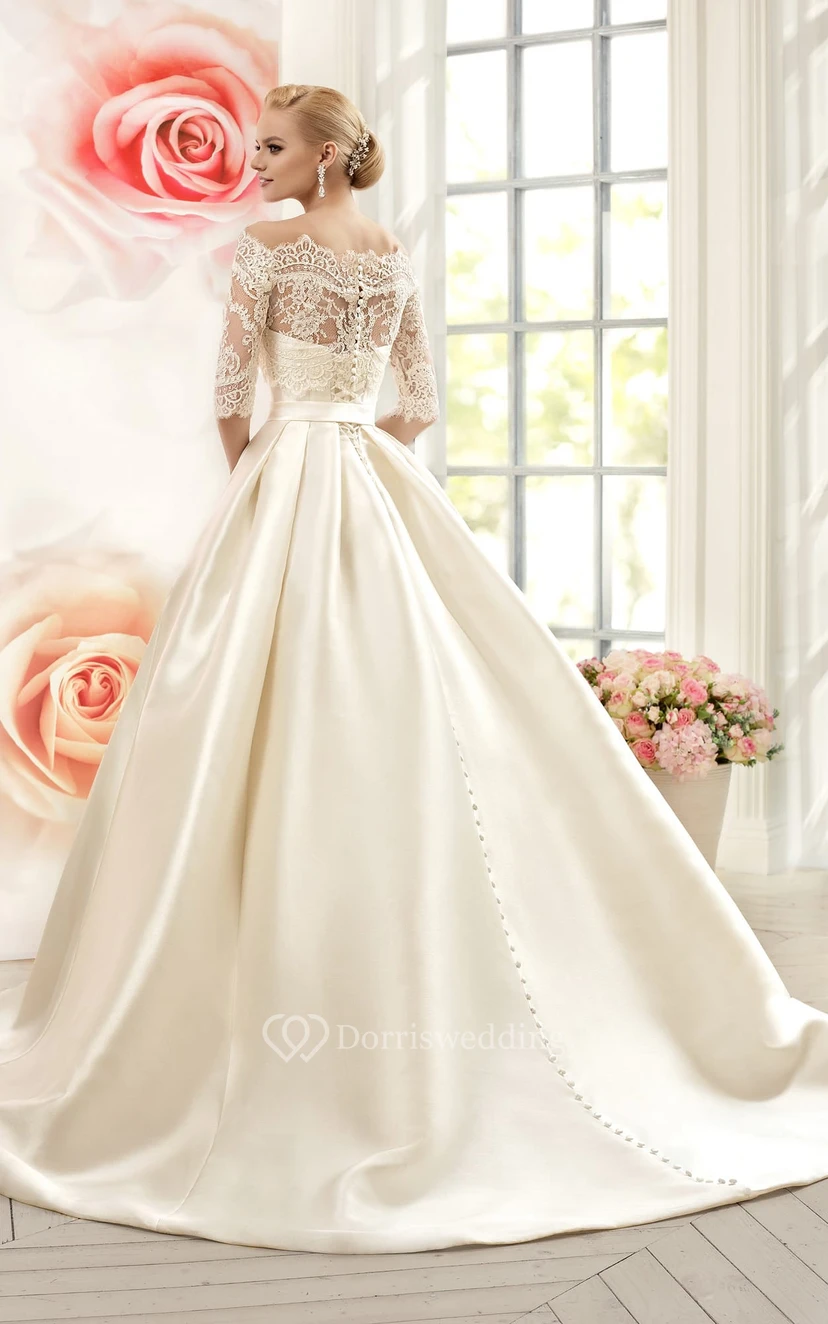 Ballkleid, bodenlang, schulterfrei, halbärmelig, Illusion-Satinkleid mit Spitze view 2