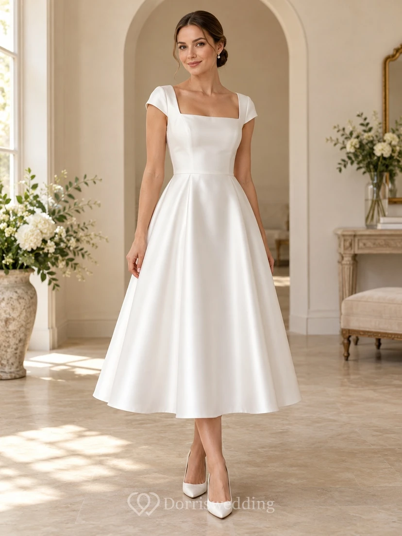 Vestido de novia sencillo de satén con escote cuadrado y mangas cortas, largo hasta la rodilla y corte en A.