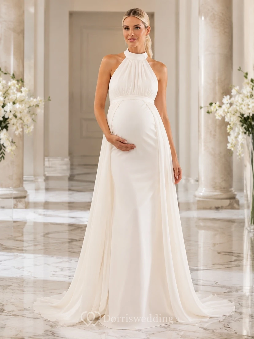 Vestido de novia de maternidad sencillo, largo hasta el suelo, con cuello halter y estilo imperio.