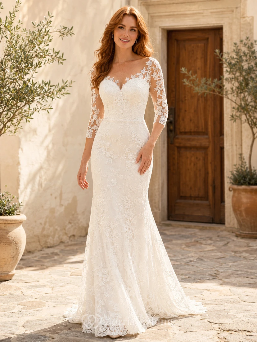 Robe de mariée sirène à manches trois-quarts en dentelle effet cœur