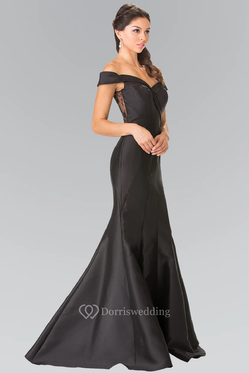 Trumpet Floor-Length Off-The-Shoulder Satin Illusion Dress With Lace
