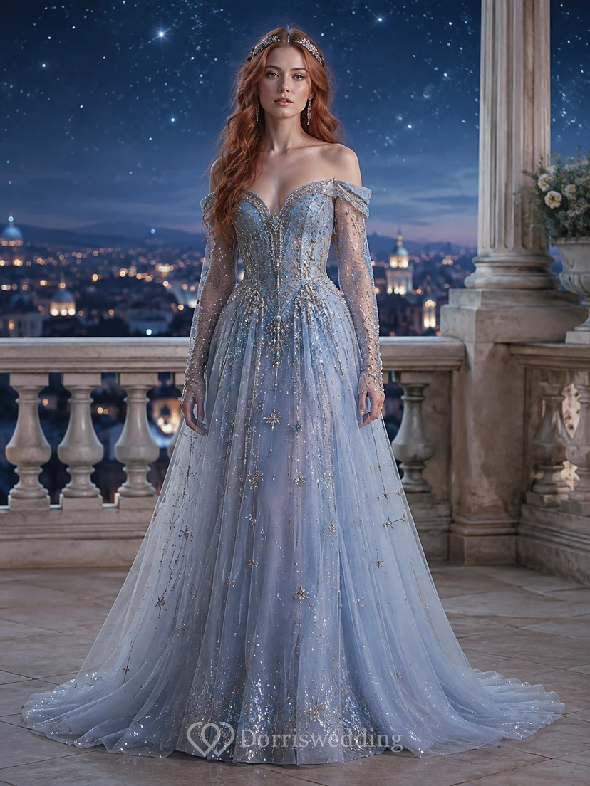 Himmelblaues, perlenbesetztes, schulterfreies A-Linien-Abendkleid aus Tüll mit Kapellenschleppe