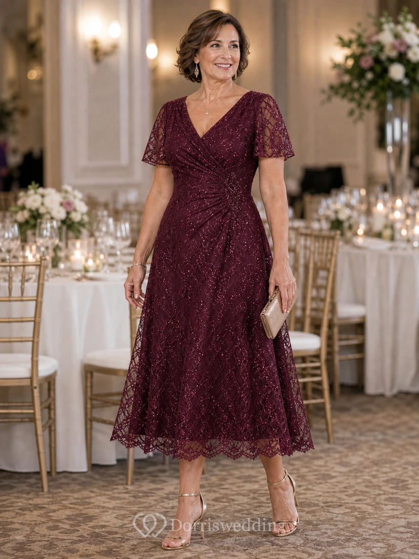 Vintage Mauve Lace Tea Length Mother Dress Vintage Mauve V-neck Sheath Tea-length view 11