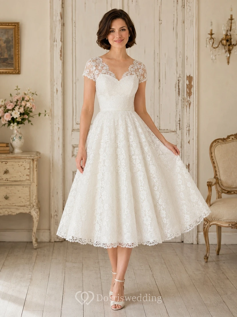 Vintage-Kleid mit kurzen Ärmeln, herzförmigem Ausschnitt, Spitze, Teelänge und A-Linien-Schnitt