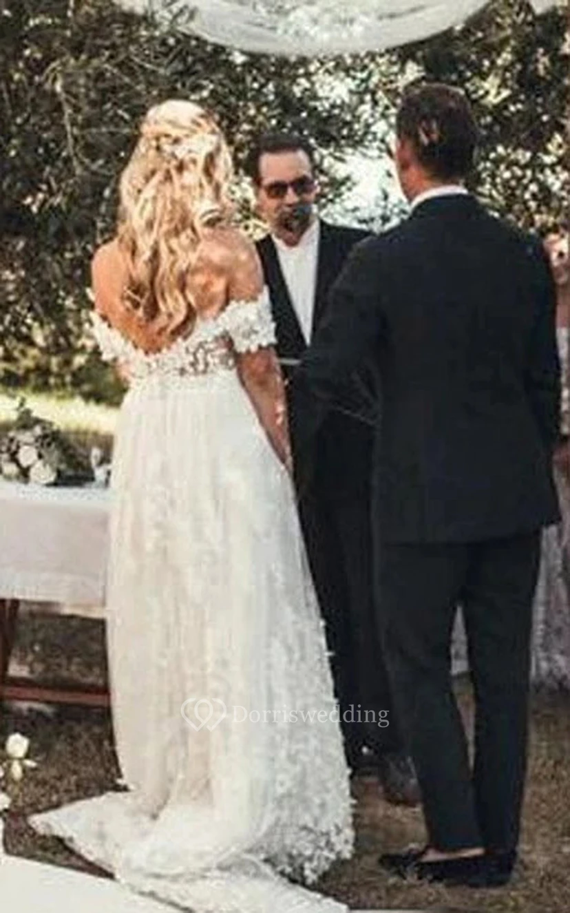 Schulterfreies Empire-Brautkleid im A-Linien-Stil mit Spitze und Herzausschnitt im Landhausstil view 2