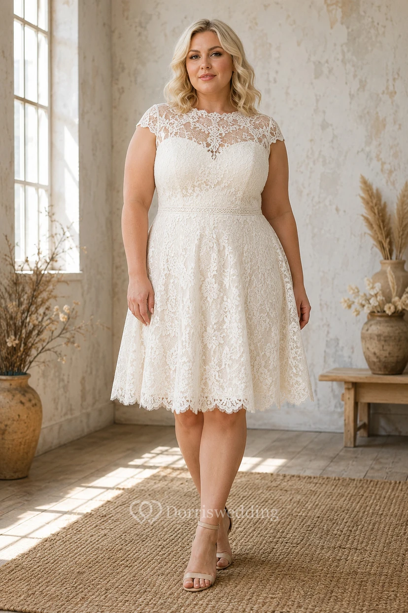 Robe de mariée grande taille en dentelle, manches courtes, longueur thé, jupe ample