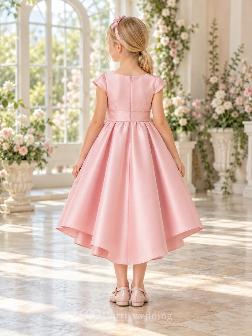 High-low Blushing Pink Cap Sleeve Bow Satin Flower Girl Dress view 2