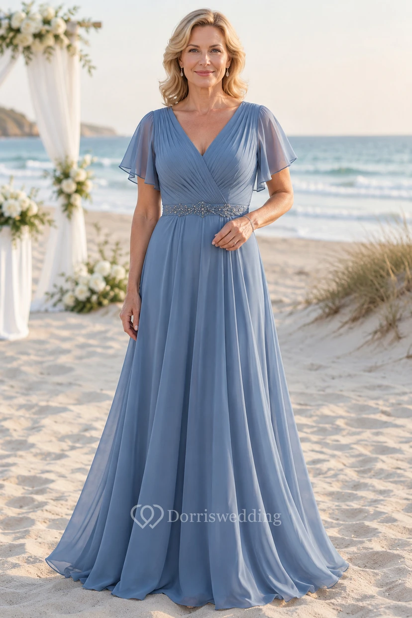 Stahlblaues Chiffon-Kleid in A-Linie mit V-Ausschnitt und Volantärmeln