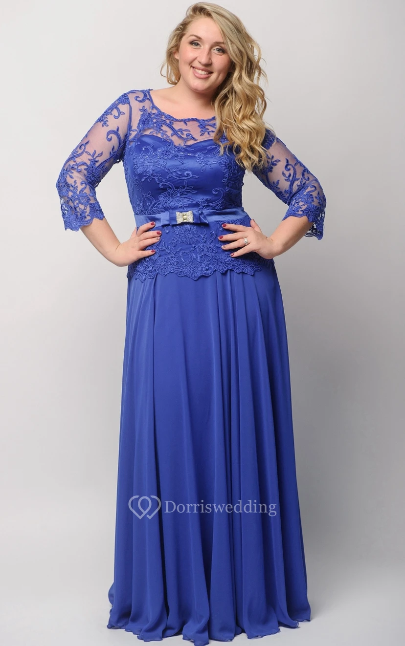 Empire-Kleid in Bodenlänge, Bateau 3, aus Chiffon mit Illusionsausschnitt