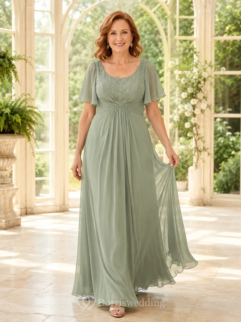 Elegantes, bodenlanges Chiffonkleid in Salbeigrün für reife Mütter mit Rundhalsausschnitt, flatternden Ärmeln, Perlenbesatz, Empire-Taille und A-Linie.