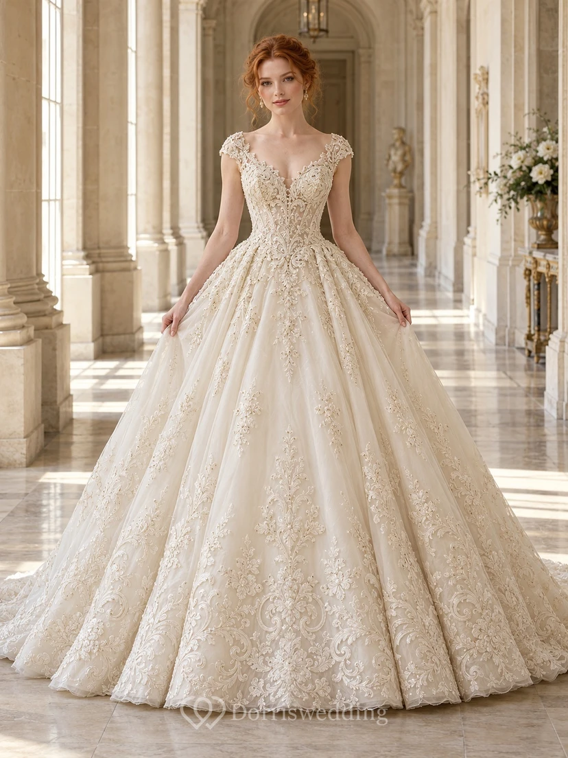 Romantic Cap Sleeve Floral Embroidered Lace Ball Gown Wedding Dress