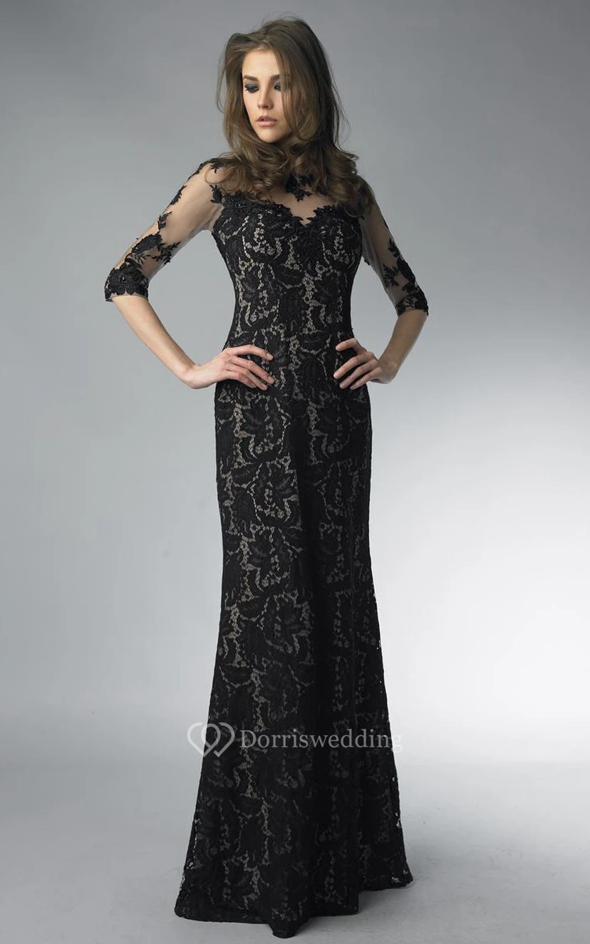 Sheath Floor-length High Neck Long Sleeve Lace Zipper Dress