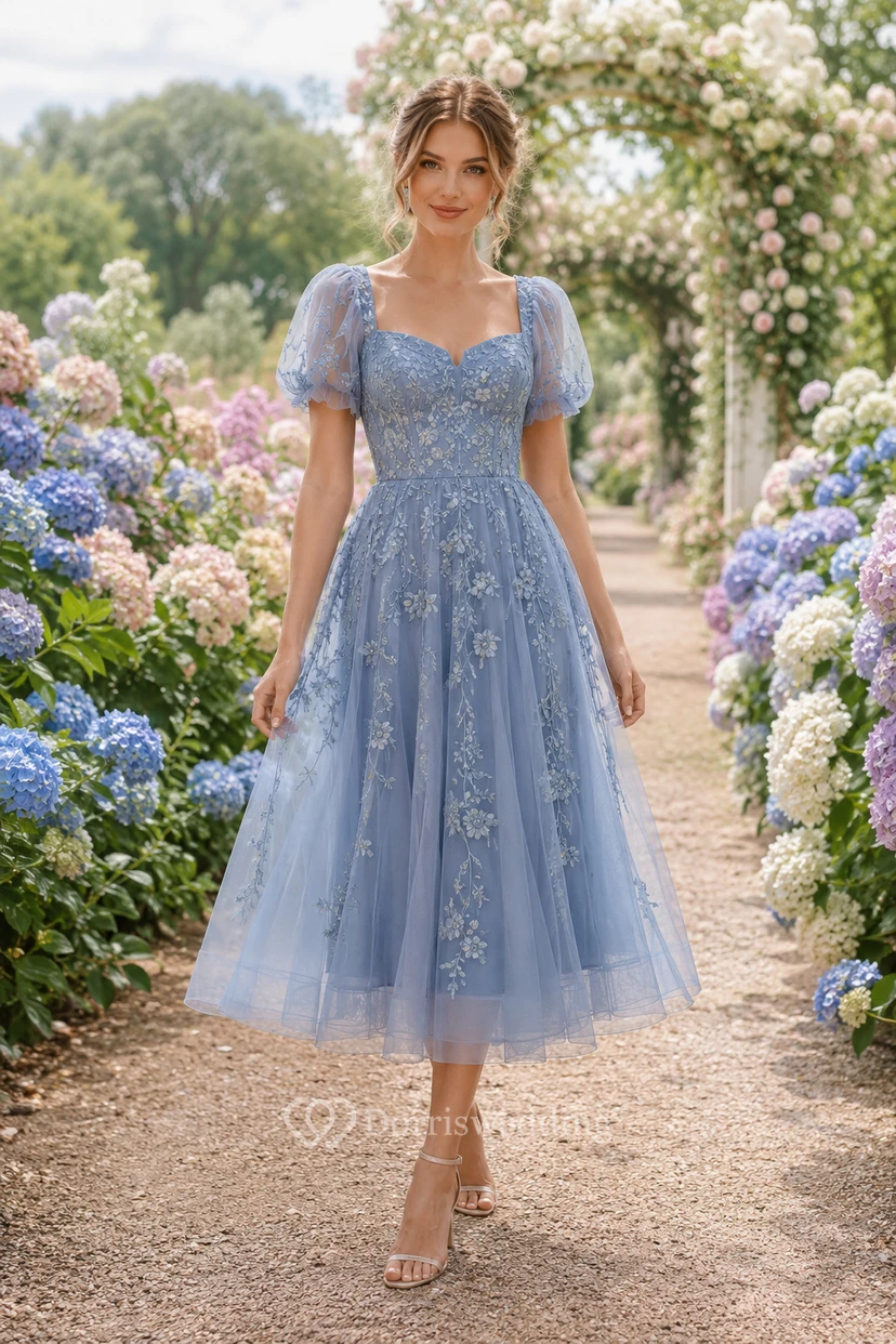 Wedding Guest Dress Sky Blue Lace Tulle A-Line Sweetheart Puff Sleeve Tea Length