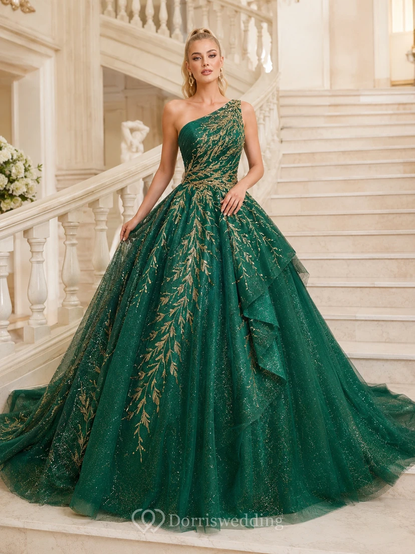 Dark Green Gold Luxury One Shoulder Embroidered Quinceanera Princess Chapel Train Ball Gown