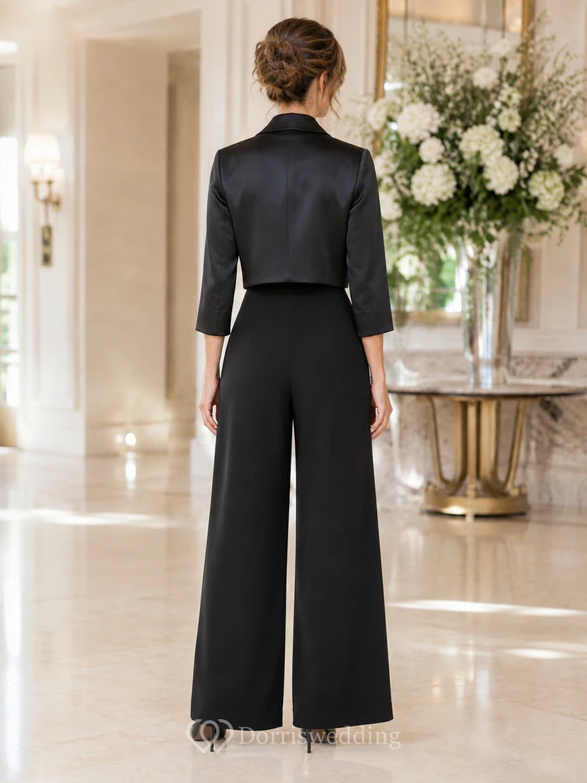 Black Mother Jumpsuit with V-Neck Satin Bolero Jacket and Wide Leg Pants view 2