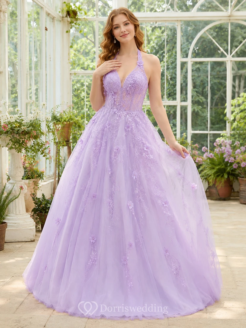Robe de bal romantique lilas à col halter en V, dentelle florale et tulle, pour les 16 ans, style princesse.