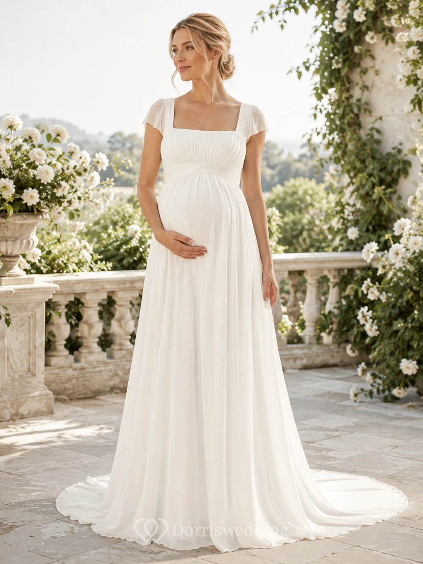 Vestido de novia de gasa, corte A, escote cuadrado, manga corta, cola larga.