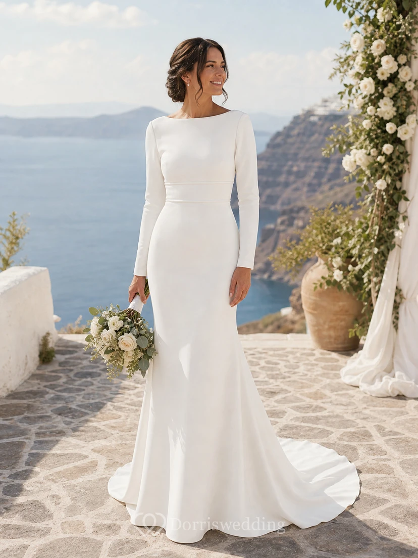 Modest Long Sleeve White Wedding Dress | Simple Formal Temple Lds Bridal Gown view 12