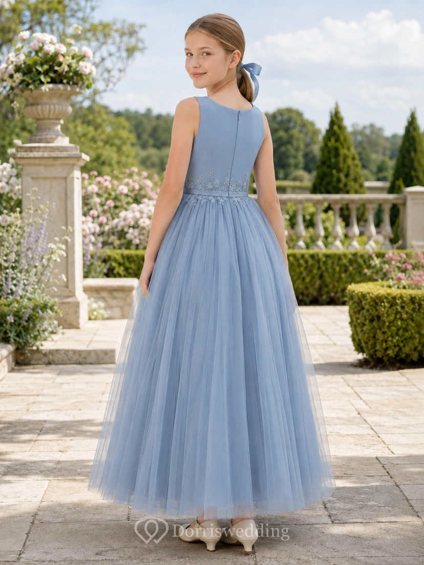Steel Blue Sleeveless Tulle Floor-Length A-Line Formal Elegant Flower Girl Dress view 2