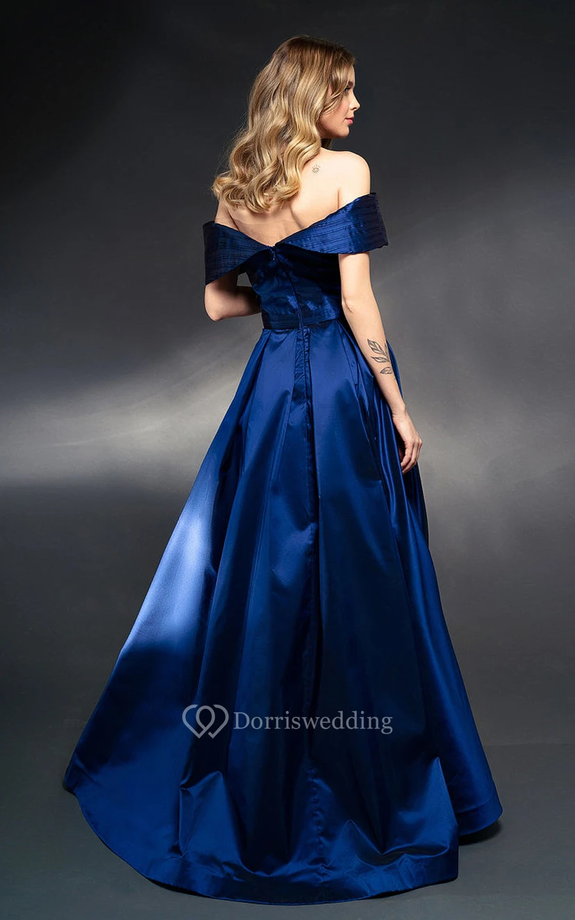 Off-the-shoulder Solid A-line Satin Dress with Sweep Train view 2