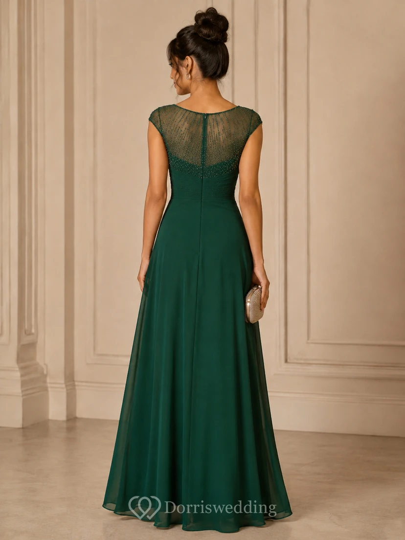 A-Line Lace Mother of the Bride Dress with Bateau, Short Sleeve and Lace Pleats, Floor Length view 2
